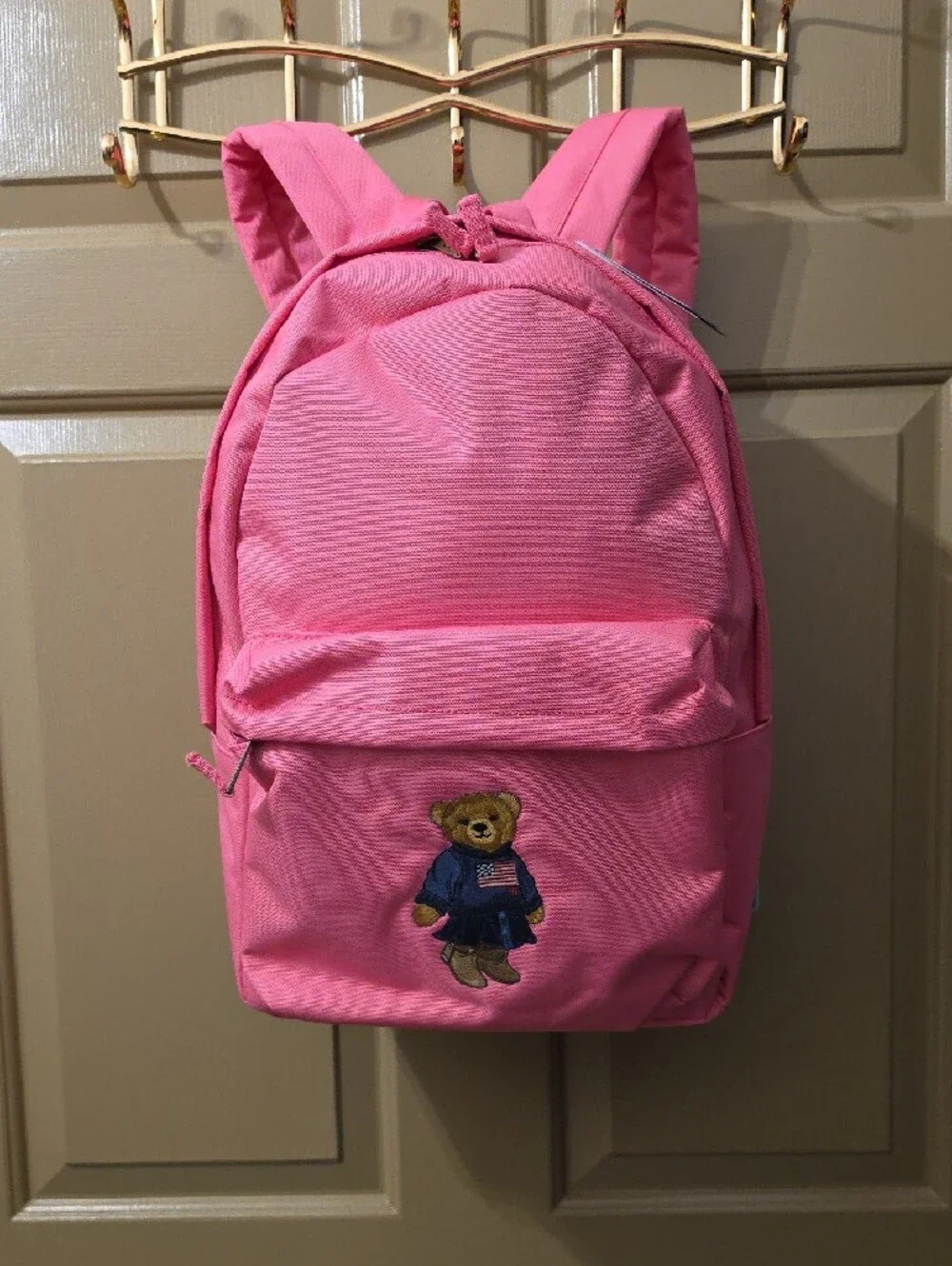Polo Ralph Lauren Pink Polo Bear Backpack Embroidered Flag Sweater School Bag NW